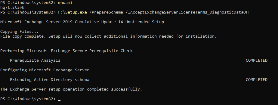 PowerShell showing schema extension and organization prep completing successfully